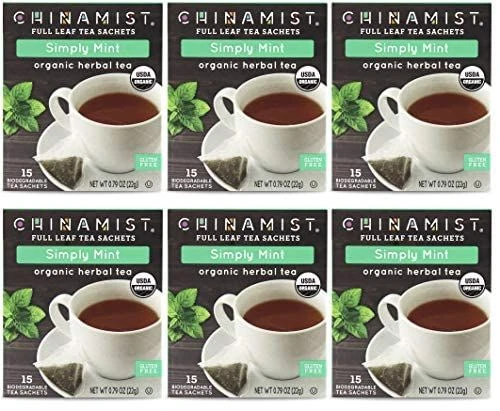 China Mist - Simply Mint Herbal Full Leaf Tea Sachet, 15 Count Box - Biodegradable And Individually Wrapped (6 Pack)