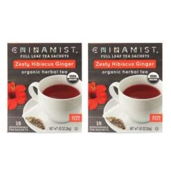 China Mist - Zesty Hibiscus Ginger Organic Black Full Leaf Tea Sachet, 2 Boxes 15 Count Each - Biodegradable And Individually Wrapped