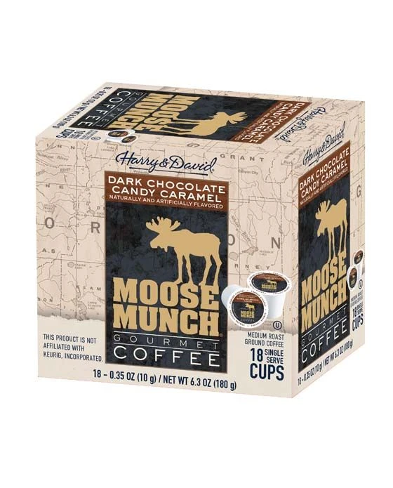 Moose Munch Single Serve Coffee By Harry & David, Dark Chocolate Candy Caramel, 4/18 Count 2 Moose Munch Single Serve Coffee By Harry & David, Dark Chocolate Candy Caramel, 4/18 Count - Image 2